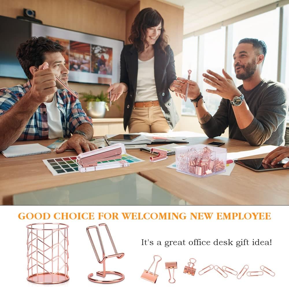 Rose Gold Office Supplies and Accessories, Acrylic Stapler, Staple Remover, Tape Dispenser, Pen Holder, Phone Holder, Scissors, Paper Clips, Binder Clips, 2 Pen and 1000 pcs Staples - Image 5